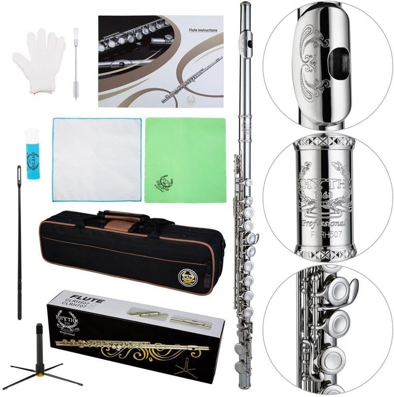 Rhythm C Flutes with Engraved Flower Closed Hole 16 Keys Flute For Student, Beginner with Stand, Carrying Case,Gloves,Joint Grease, Tuning Rod, Nickel - Image 1
